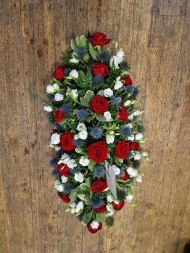 Red & White Coffin Spray with Thistles